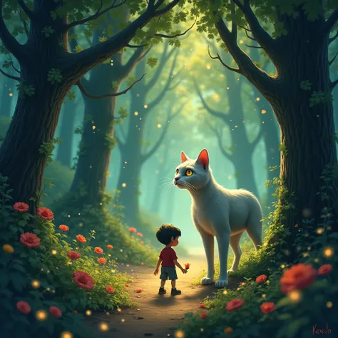 deme las imagenes del sigueinte cuento : Once upon a time, in a small village surrounded by an immense forest, there was a young boy named Camilo. Camilo lived with his grandfather, who told him stories about a magical forest where animals could talk, tree...