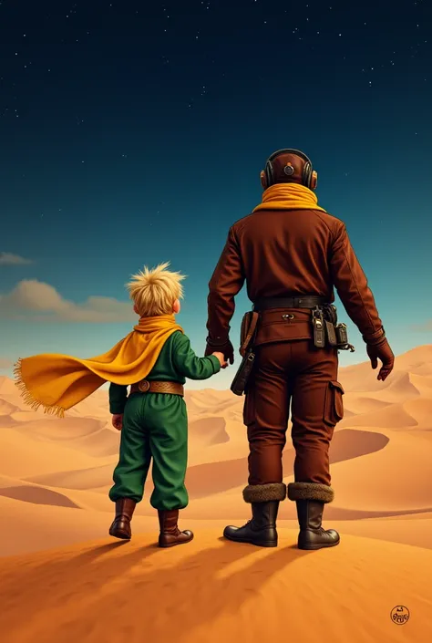 A breathtaking fantastic illustration of a vintage-inspired movie poster with the iconic St-Exuperys small Little Prince with blond hair in the wind standing, view from back, set against a majestic desert landscape at dusk, donning a vibrant yellow scarf t...