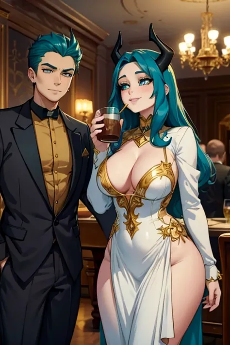 Perfect face. Perfect hands. A teal haired woman with gold eyes with golden horns with an hourglass figure in a golden ballgown is smiling while drinking tea in a Gothic ballroom