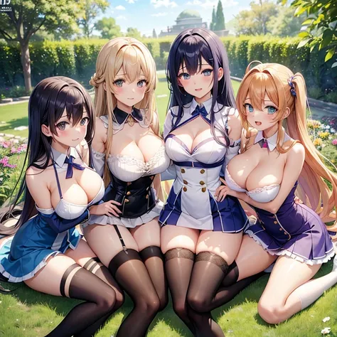 ( high definition ), anime style,( 5 girls), color々な髪color,  Long Hair, color々なcolorの目,  looking at the camera,Can you pose wearing blue sexy lingerie, (breast:1.2), (( clevis)), Thighs,garden,( glamorous ),Clear skies, open her mouth ,Embrace each other,I...