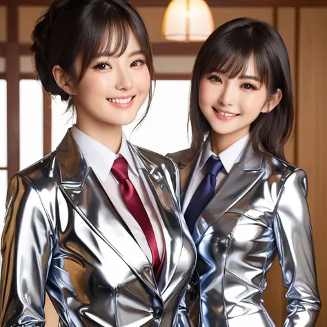 Japanese mother and young daughter in extremely tight shiny silver latex blouse buttoned with blazer, Necktie, high resolution ,  masterpiece, Breasts, smile, Lens reflection, Reflected light,