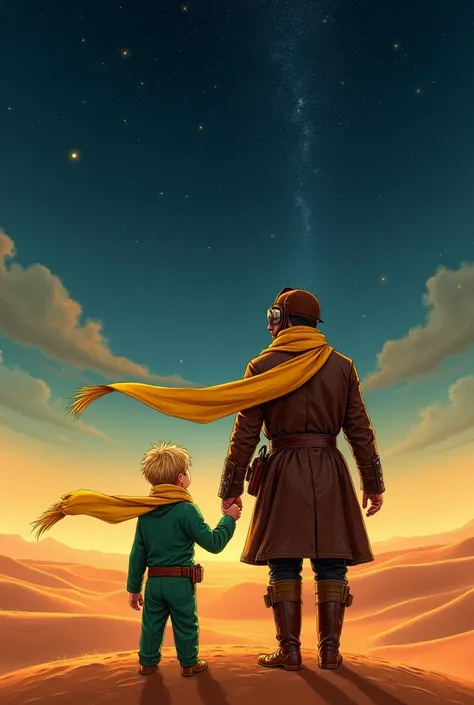 A breathtaking fantastic illustration of a vintage-inspired movie poster with the iconic St-Exuperys small Little Prince with blond hair in the wind standing, view from back, set against a majestic desert landscape at dusk, donning a vibrant yellow scarf t...