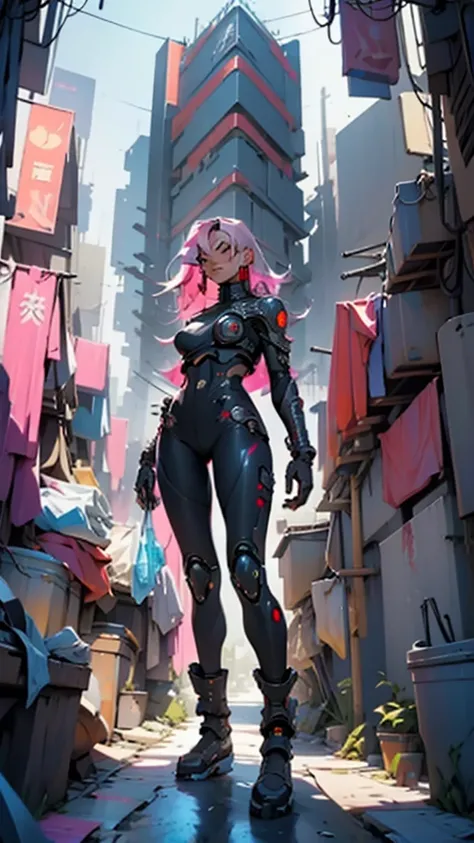 high quality detailed image cyberpunk city of the future Full length cyborg girl posing for the camera