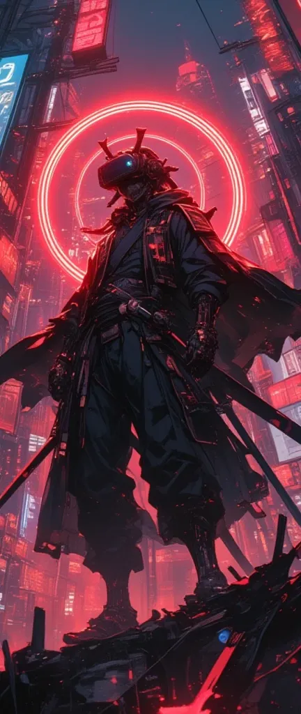 stunning nijij style  samurai vampire hunter in street wear, dynamic full action pose, futuristic neon gothic cyber city,city, Cinematic shot, bdsm Surgical precision],Cyberpunk style background,Science fiction art style,muted dark colors with red neon lig...