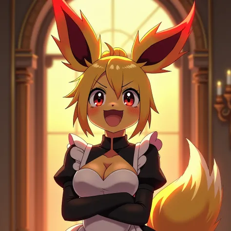 Excited expression, 1girl, anthro, furry, fur, fluffy fur, flareon girl, yellow hair (red highlights), black sclera, white eyes, pony tail hair, Messy hair, (19 years), medium breast, thicc thighs, solo, (mansion), sunset, detailed, smug smile, maid outfit...