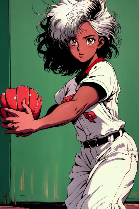 (( masterpiece ,  top quality,  High resolution,  Highly detailed 8K CG unified wallpaper)), Dark-skin African baseball player in action to throw ball, Ebony girl,  abundant white hair ,  thick legs ,  small breasts, baseball uniform . stadium background, ...