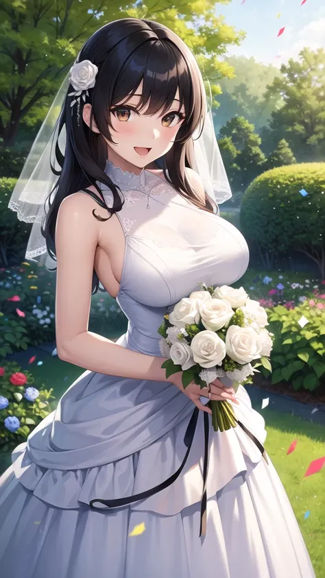 masterpiece, best quality, high quality, girl, solo, looking at viewer, ryuuto_kashima, black hair, brown eyes, large breasts, wedding Dress, standing, garden, confetti, holding bouquet, smile, open mouth,