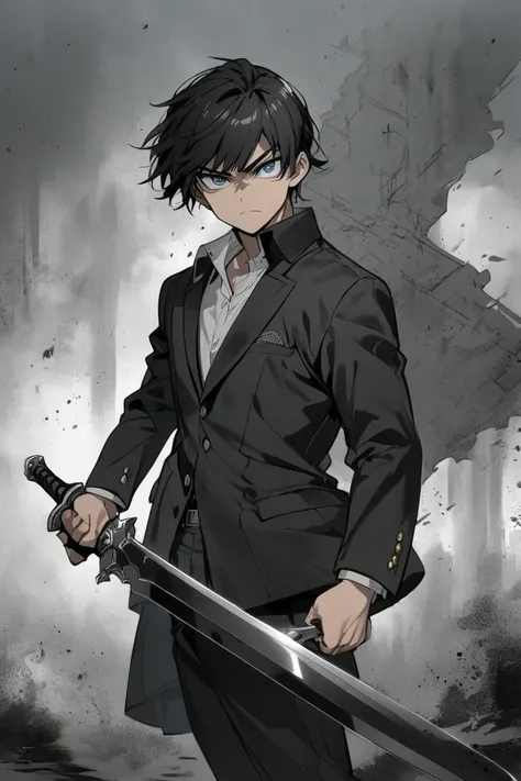 A boy,  black cabello, a gray tuft , School clothes, , serious guy, badass, strong eyes, sostiene una short sword,  small sword in his hand, short sword,  full body , his gaze is forward 