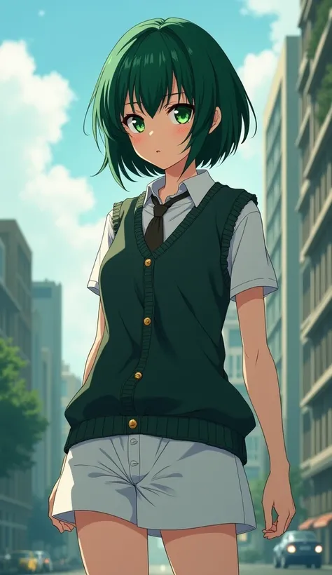 girl,  dark green hair short,short bangs, green eyes, strong body,  serious expression , knitted vest,  white short , [[[ high quality ]]][[[tall details ]]] Ultra HD,  high resolution,  anime style , in the city, 