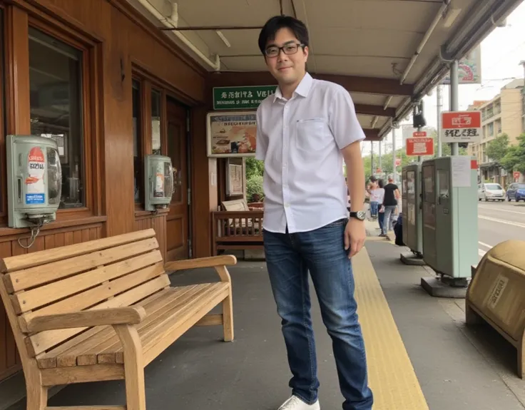 Showa style, Old station building , Wooden bench,  sign,  vending machines, Retro, Bustling Scenery ,
 BREAK 
male model, casual, jeans,  white shirt,  sneakers,  A Gentle Smile