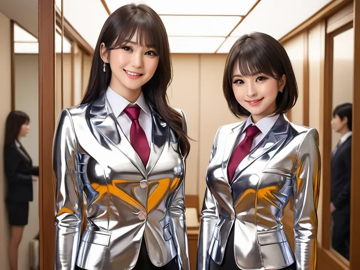 Japanese 2 moms and young daughter in extremely tight shiny silver latex blouse buttoned with blazer, Necktie, high resolution ,  masterpiece, Breasts, smile, Lens reflection, Reflected light,