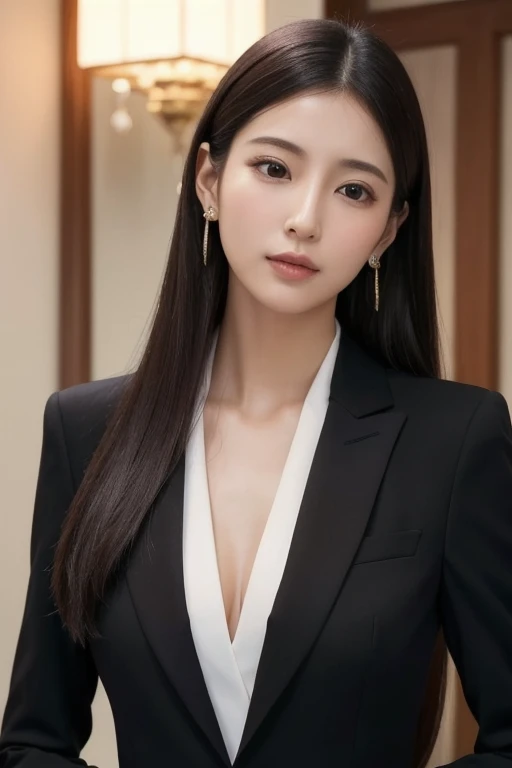  1 girl, solo,  high definition ,  long hair, chest,,  black hair,  earrings for a woman alone,  pretty girl　The most beautiful woman in the world　president　suit　Rich　 Tall　Older sister　 Career Woman 　 and the nose is tall　Its dignified　大きなchest, masterpie...