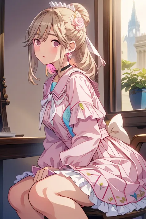 (( A bustling station of relief )), Marie Antoinette , super detailed face,fine grain,  open your mouth slightly,( blonde alone), long hair, wavy hair, break,Rococo Ruffle Dress,Long sleeve dress, The dress has a long skirt , Baroque Dress ,  intricate fan...