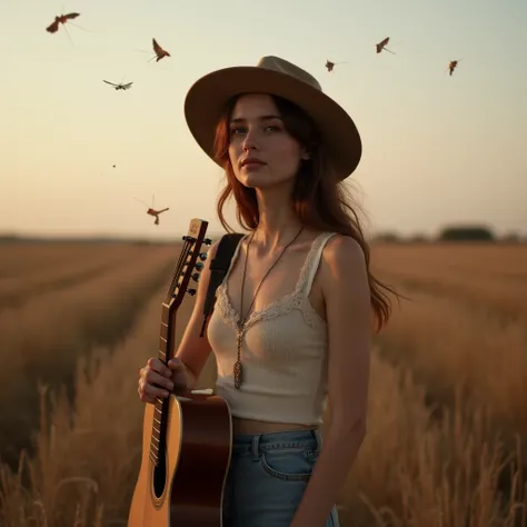 An IG influencer photo featuring a young woman standing in a serene, open country landscape at dusk, capturing the melancholic and bittersweet emotions of the song "Expectations Shattered". She is dressed in a casual, country-inspired outfit, with a wide-b...