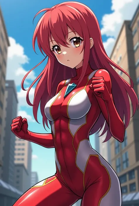 My Hero Academia Style , Anime girl, female, young female ,Full Body Shot,(fighting stance:1.3),Long hair, Red Hair,  Brown Eyes,Hero Suit, Full Body Suit, red suit with White details, perfect anatomy,  trained abs,super detailed,(Buildings:1.2）