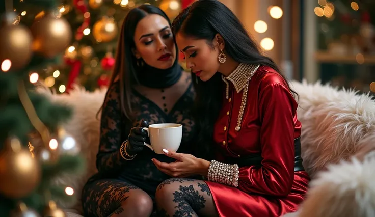 lesbians interplay scenery with a arousing playful female couple wering black lace pantyhose on a christmas sweets store, lace pantyhose legs, closeup portrait of a woman who is wearing an reflecting oil-lacquered shiny rubber poly-vinyl rococo shirt blous...