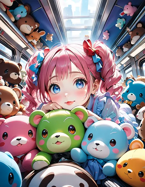 (( Rush hour train seats crowded with all kinds of stuffed animals:1.5、Lying down in a seat 、Crawling、 face down 、Cheek resting on hand:1.5))、((whole body, from BELOW:1.5、side view:1.5)),　(( Look Up Above:1.5)、((Girl:1.5)))、 best quality、 high definition 、...