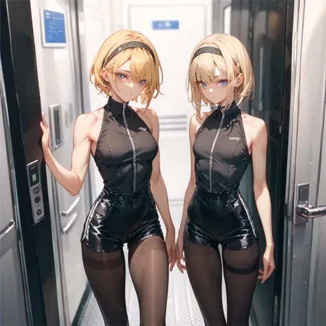 A girl and two guys  ,  better quality， Headbands , Yellow Hair , black jumpsuit，lacepantyhose， short Black skinny shorts ，Girls in front , sleeveless, short stockings,  the gap between shorts and stockings , In the elevator, two big muscular guys and a gi...