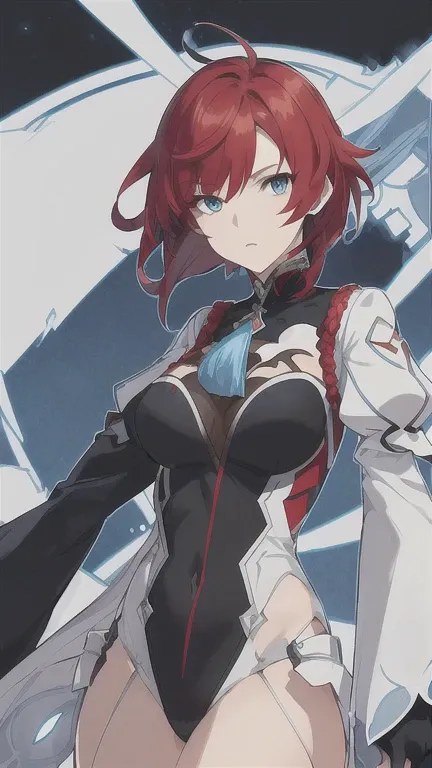 
 create a full-length female character Genshin Impact ,  with short red hair . Light skin,  blue eyes , , her clothes on top are a black bodysuit and large sleeves and a semi-decorated dress in blue and white. on top of the girl  