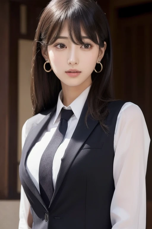  1 girl, solo,  high definition ,  long hair, chest,,  black hair,  earrings for a woman alone,  pretty girl　The most beautiful woman in the world　president　suit　Rich　 Tall　Older sister　 Career Woman 　 and the nose is tall　Its dignified　大きなchest, masterpie...