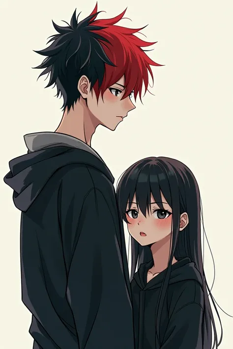 In the form of anime. Two boys. One is taller and taller than the other, and the one has a slightly thin and healthy conscience. Her hair is emo, half red and half black, and quite messy, obscuring the front of her eyes. His skin is white. His style is gru...