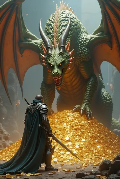  create a realistic image of a dragon on top of many gold coins and jewels,  the dragon must be looking at a character holding a sword , Which will face the camera , Red Dragon