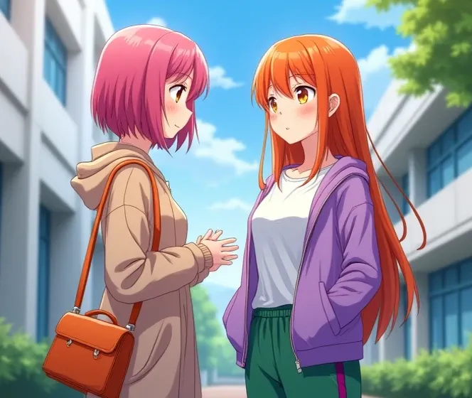  Two 18-year-old anime ladies , anime To love ru,  soft lighting ,  Talking outside at the entrance of a white school with blue tinted windows in the city of Tokyo,  on one shoulder during the afternoon with few clouds and orange sky , The first lady measu...