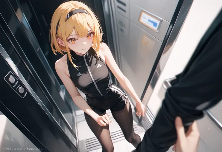 A girl and two guys  ,  better quality， Headbands , Yellow Hair , black jumpsuit，lacepantyhose， short Black skinny shorts ，Girls in front , sleeveless, short stockings, the gap between shorts and stockings, In the elevator, two big guys and a girl, two boy...