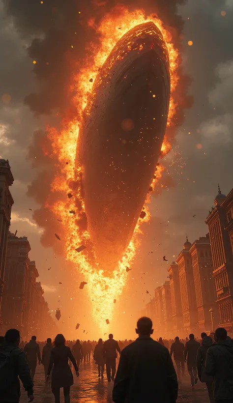 The massive airship engulfed in flames, fiery debris falling from the sky, smoke billowing upward in thick black clouds, and people running in panic below.