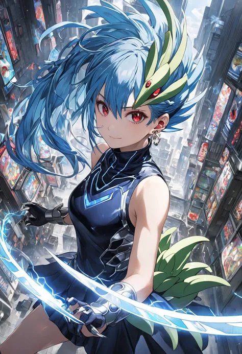 (masterpiece, best quality:1.2), (absurdres, highres, ultra-detailed), (perfect anatomy), 
1 Japanese (Pokémon Rayquaza) woman,((Pokémon Shaymin)),
22yo,beautiful eyes00 , 
 ((multicolored hair , dark Blue hair, Blue hair, light Blue hair))),
absurdly long...