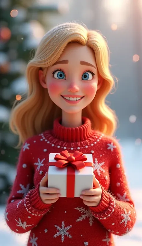 "A blonde mother in realistic 3D cartoon style, holding a Christmas gift box with a red bow. She is smiling warmly, wearing a red sweater with snowflake patterns,