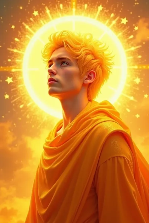 Young man with yellow hair Young man hair as bright as the sun and shimmering orange clothes the Sun God 