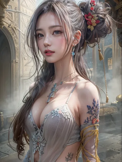 ( greatest masterpiece,  Best Detailed Textures ,8K resolution, best quality:1.4),  high definition,  cinematic lighting,( realistic face),A beautiful face you rarely see , Viewers Captivating Gaze , beautiful charming smile ,( smooth straight gray hair,me...