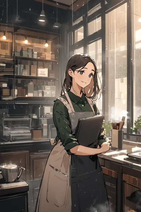 Sofia a young writer walks into a modern cafe on a rainy day .  She carries a notebook and a thoughtful look .  The barista behind the bar , a young man in an apron ,  greets her with a friendly smile . The atmosphere is welcoming, with warm lights,  shelv...