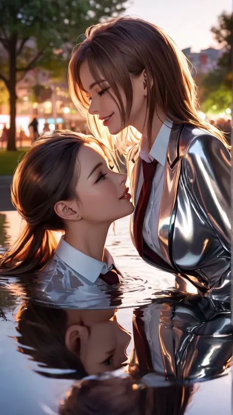 2 girls in extremely tight shiny silver latex blouse buttoned with blazer, high resolution ,  masterpiece, langes Haar, Lens reflection, Reflected light, seductive smile, are in the park, messy hair at the cinema,  brown hair , Necktie, kiss