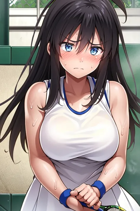 1girl, bare_shoulders, black_hair, blue_eyes, breasts,   sleeveless, sweat,   closed mouth, frown, white tennis uniform,kitamurakaori