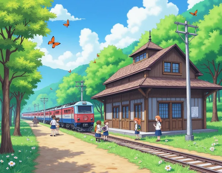 A colored pencil drawing, a work of art, the theme of which is "a bustling station", an unmanned station in a rural area of ​​Japan, an unmanned station in a village rich in nature, a group of elementary school students on a field trip to this unmanned sta...