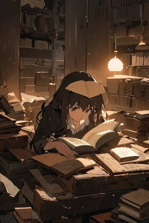 Sofia finds an old diary on a coffee shelf.  The book has a worn leather cover and is surrounded by used books.  She holds it , looking intrigued ,  as the warm coffee light illuminates the scene 