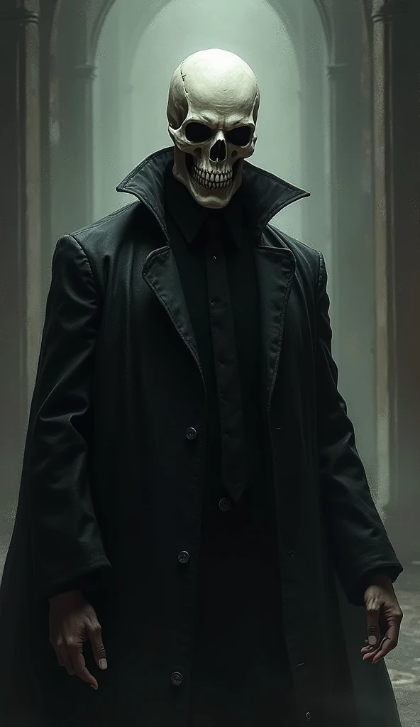 A man with a skull face without black and white skull hair plotting a plan, son of a bitch 
