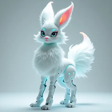 no humans, furry, anthro, sylveon, symmetric, full body, android seams, mechanical joints, fluorescent fur, white body, white skin, glowing markings, glowing edges, furry female, (body fur, furry body:1.4), anthro, solo, (best quality, masterpiece:1), deta...