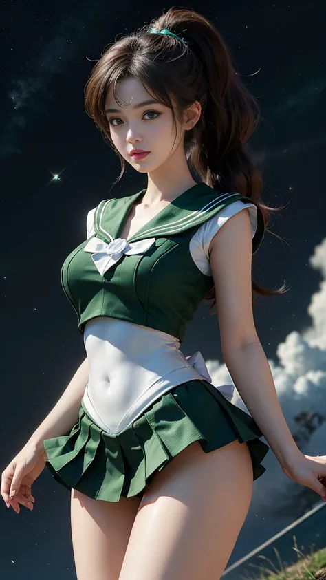 masterpiece,  high definition ,8k resolution, high definition model, SAILOR MOON JUPITER , beautiful young Japanese woman ,1 person, STANNING HIGH ,A small smile,Thursdays Space Background ,( GREEN SAILOR WARRIOR UNIFORM), GREEN ULTRA SHORT MINI SKIRT , be...