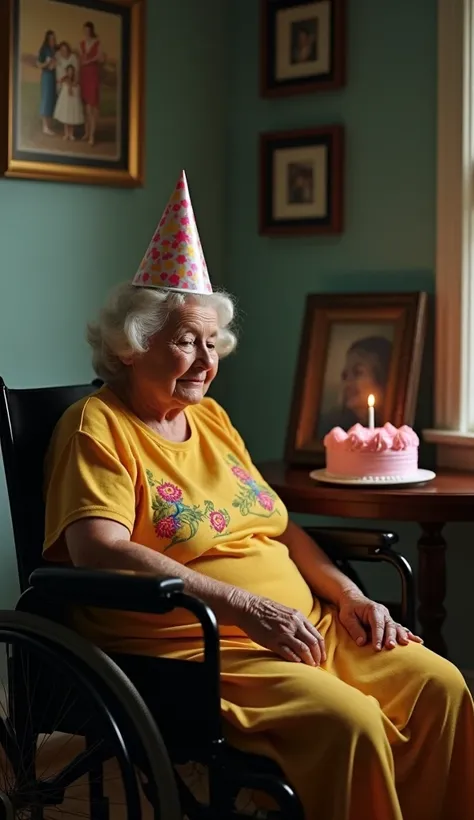 An elderly woman is sitting in a wheelchair. she is wearing a colorful party hat. Yellow dress with embroidered flowers. Next to the wheelchair is a small corner table. On this table there is a painting with a photo of a happy family. She looks at the pain...