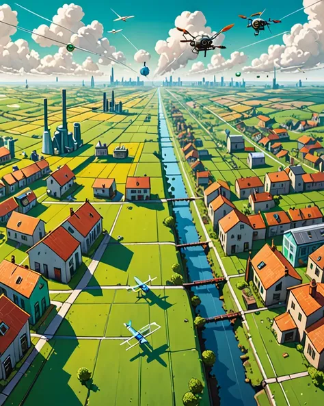 Draw a line dividing a world in half, on one half draw a ruined world full of factories and houses, and on the other half draw a drone flying over green fields and weather vanes.