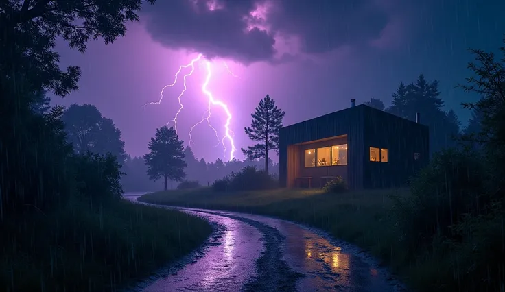  A dark and stormy night ,  where the sky is illuminated by furious lightning and rumbling thunder .  The rain falls on heavy curtains ,  watering the ground and creating pools that reflect the intense colors of the relays Payments: Purples, vibrant blues ...