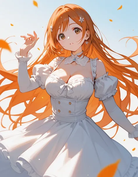 score_9, score_8_up, score_7_up, (solo), 1girl, ((inoue orihime)),orange hair,  brown eyes,  big breast, cleavage, ((((hands))), fingers, 