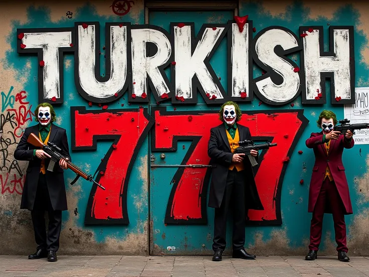  graffiti written on wall "TURKISH 777 " , With armed jokers 
