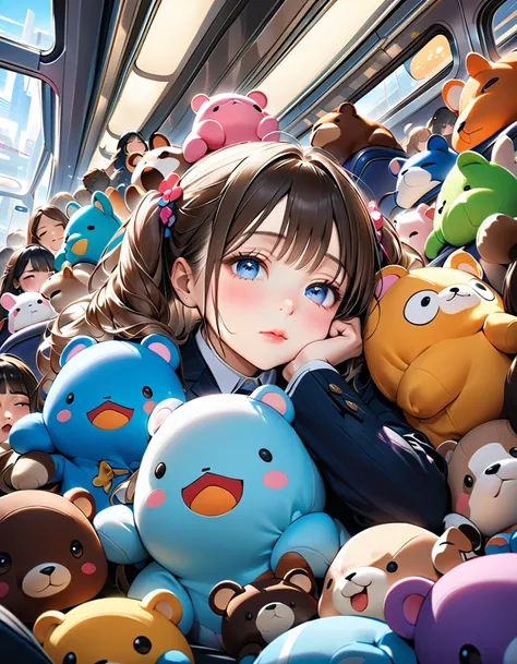 (( Rush hour train seats crowded with all kinds of stuffed animals:1.5、Lie down and sleep in your seat :1.5、Crawling、 face down 、Cheek resting on hand:1.5))、((whole body, from BELOW:1.5、side view:1.5)),　(( Look Up Above:1.5)、((Girl:1.5、university student))...