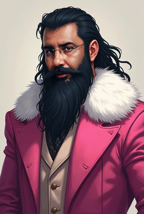 I want you to draw this characters portrait as a dnd human bard. He wears a pink suit and has a white fur on his shoulders. He weights 120 kg and is 1.70 tall. He has black hair and long black beard.