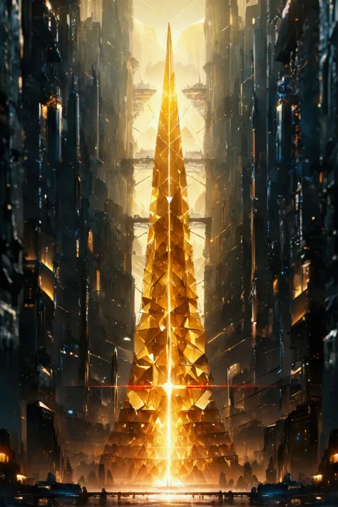 A futuristic background of a golden glass pyramid with laser beams leads to a hyper-realistic scific city with huge skyscrapers. The hyper resolution of the background is 4k and has an aspect ratio of 16:9.golden pyramid, masterpiece, anatomically correct,...