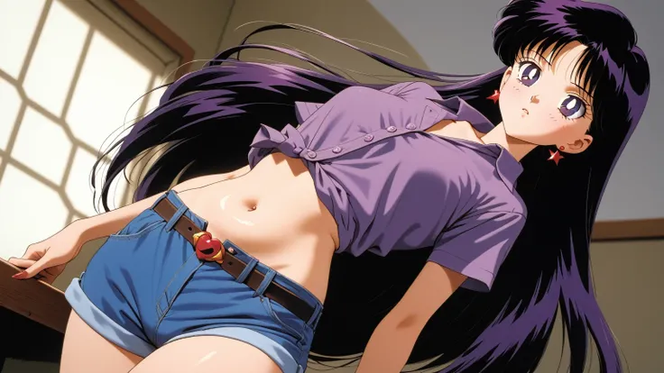 aamars, very long hair, black hair, parted bangs, purple eyes, 1990s (style), 1 girl, solo, Best quality, masterpiece, High Definition, Bright Purple Button Shirt, Dark Blue Shorts, Belt, Unbuckled Belt, Midriff, Belly Button, Unbutton Pants, Pink Underwea...